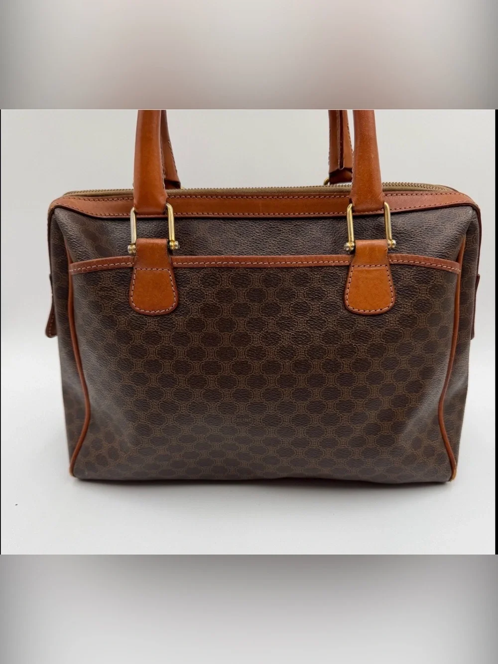 Vintage Celine Macadam Top Handle Boston Bag Brown PVC Leather Authentic COA